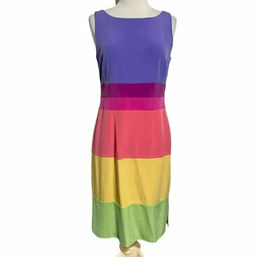 100% Silk Valerie Stevens Purple Pink Coral Yellow Green Colorblock Midi Dress